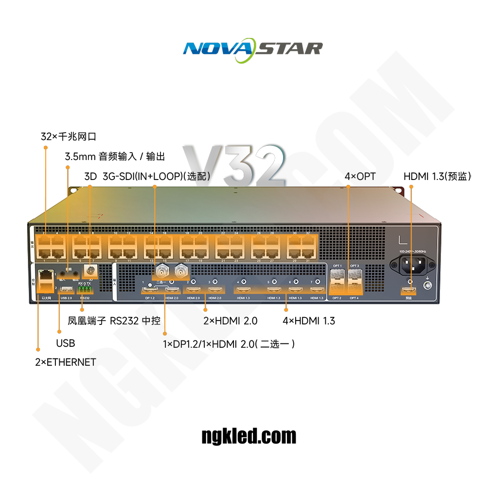 ویدئو پروسسور NovaStar V32 (VX32s) 1 || نورگستران کادوس | تلویزیون شهری و تابلو led NovaStar V32 که در بازار با نام VX32s نیز شناخته میشود، کنترلر ویدئویی یکپارچه (ارسالکننده + اسکیلر) برای نمایشگرهای LED در ابعاد بزرگ است. با 32 خروجی اترنت و ظرفیت کنترل تقریبی 20.8 میلیون پیکسل، V32 انتخابی مطمئن برای ویدئووالهای عریض، استیجهای حرفهای، سالنهای همایش و فضاهای تجاری پرترافیک است. PIP/POP، Preset صحنهها، EDID سفارشی، رفرش بالا و تاخیر کم، خروجی روان و سازگار با فیلمبرداری را تضمین میکند. نورگستران کادوس این محصول را با مشاوره فنی، طراحی چینش پنلها، نصب، کالیبراسیون و پشتیبانی پس از فروش ارائه میدهد.