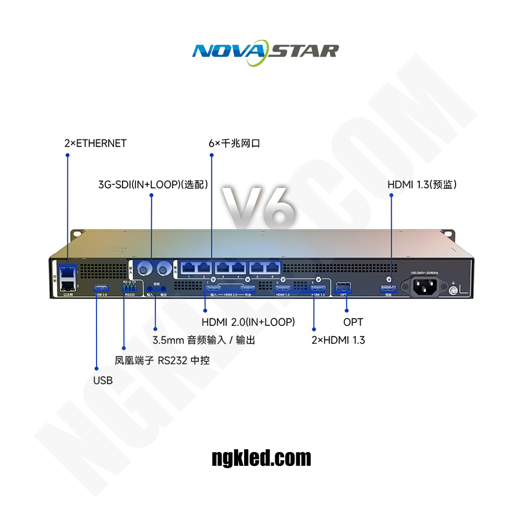 ویدئو پروسسور NovaStar V6 (VX6s) 1 || نورگستران کادوس | تلویزیون شهری و تابلو led NovaStar V6 که در بازار با نام VX6s نیز شناخته میشود، یک کنترلر ویدئویی یکپارچه برای نمایشگرهای LED است که ارسالکننده داخلی، اسکیلر سختافزاری و امکانات حرفهای تنظیم تصویر را در یک دستگاه رکمونت جمع کرده است. با ظرفیت کنترل تا 3.9 میلیون پیکسل و 6 پورت اترنت، V6 یک انتخاب مطمئن برای استیجهای رویدادی، سالنهای همایش، فروشگاهها و ویدئووالهای داخل سالن است. نورگستران کادوس، بهعنوان تامینکننده تخصصی راهکارهای LED، این محصول را با مشاوره فنی، نصب و پشتیبانی ارائه میکند.